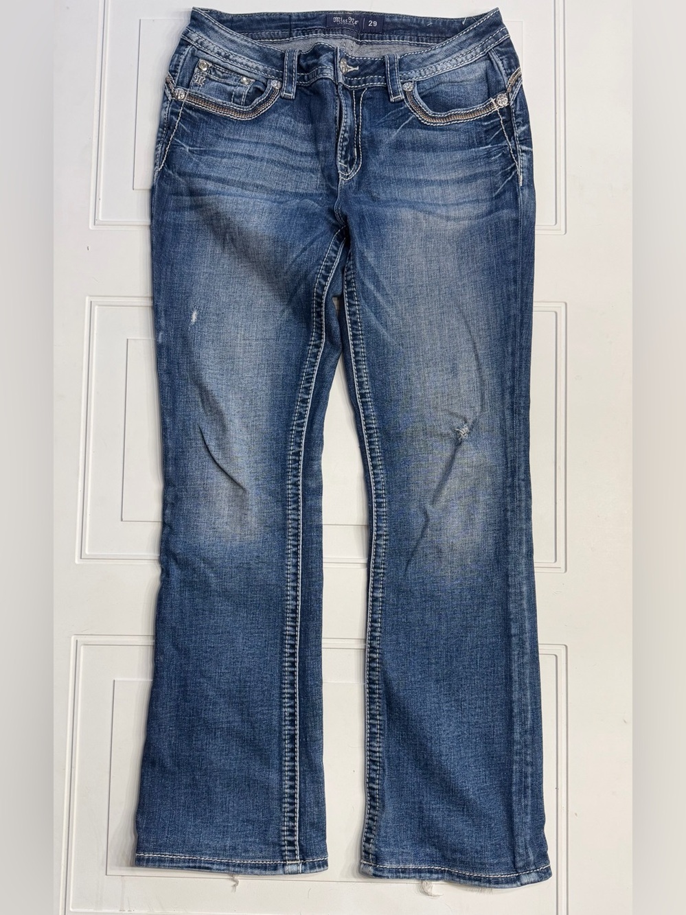 Miss Me Women’s Sz 29 Blue Gemstone Embellished Blue Mid Rise Bootcut Jeans - Picture 1 of 8